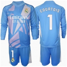 Maillot de football Réplique Real Madrid Thibaut Courtois #1 Gardien de but Domicile Enfant 2024-25 Manche Longue (+ Pantalon court)