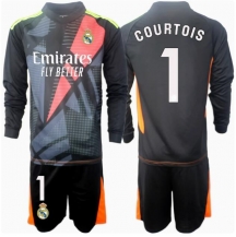 Maillot de football Réplique Real Madrid Thibaut Courtois #1 Gardien de but Extérieur Enfant 2024-25 Manche Longue (+ Pantalon court)